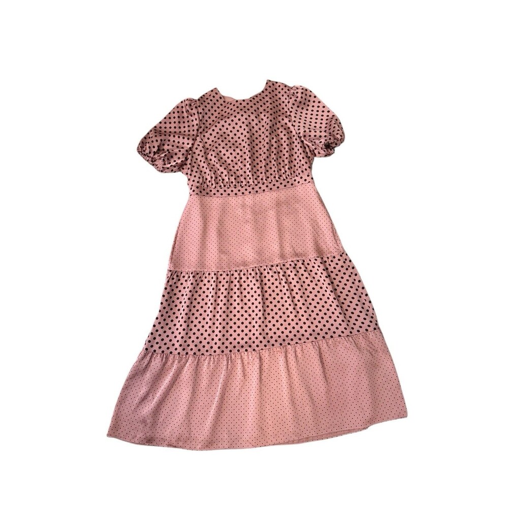 Ted Baker Nilia Polka Dot‎ Dress Women 6 Pink Excellent Tiered Puff Sleeve Midi